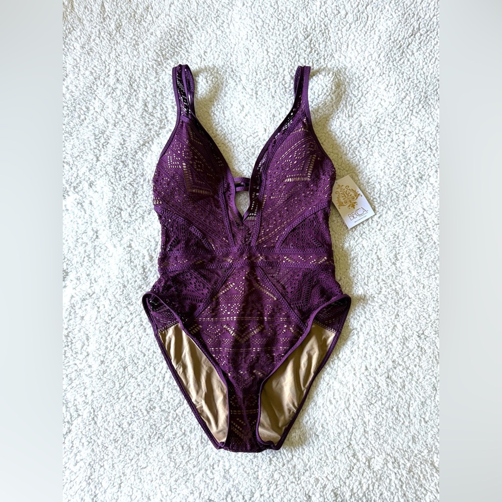 BECCA Womens One Piece Swimsuit Purple Crochet Size Large New with Tags